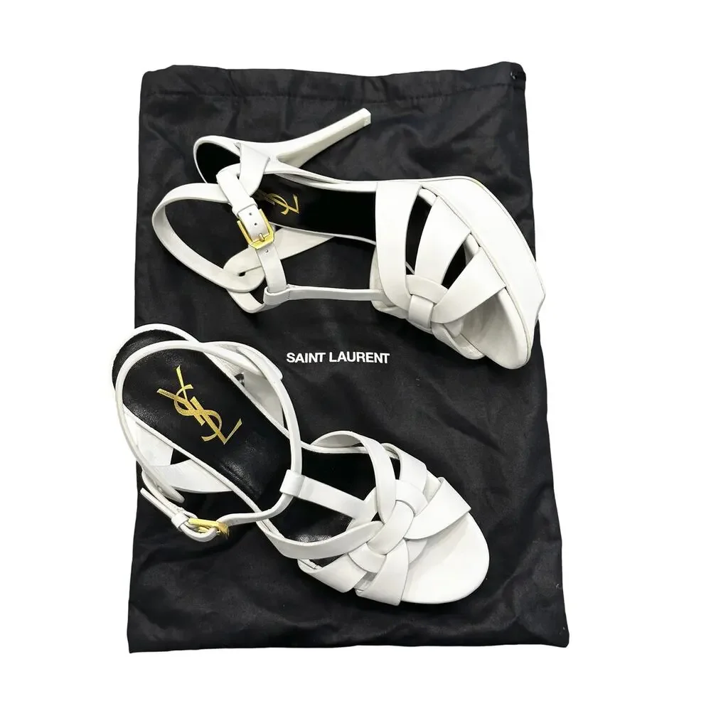 SAINT LAURENT Tribute 75 White Calfskin Platform Heels Sandals Size 37.5 NEW